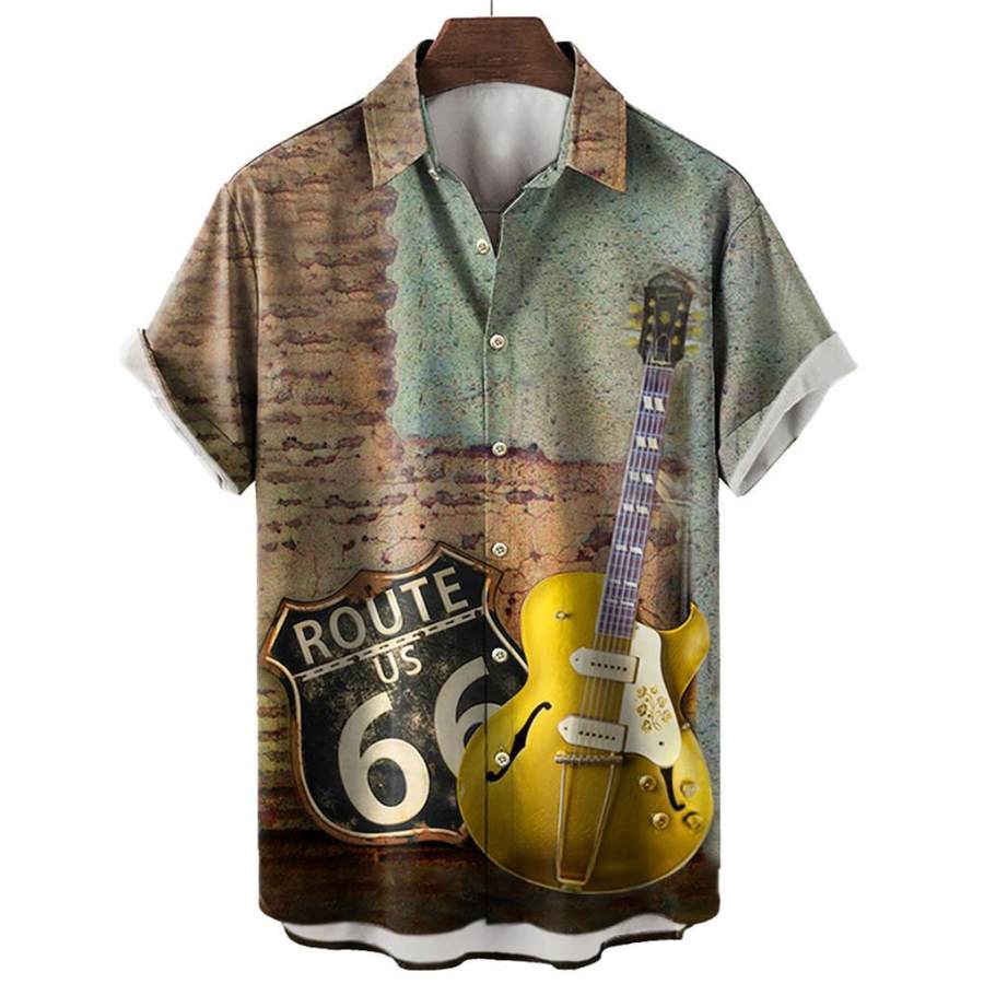 

Camicia Da Spiaggia Hawaiana Vintage Da Uomo Con Stampa Chitarra Route 66