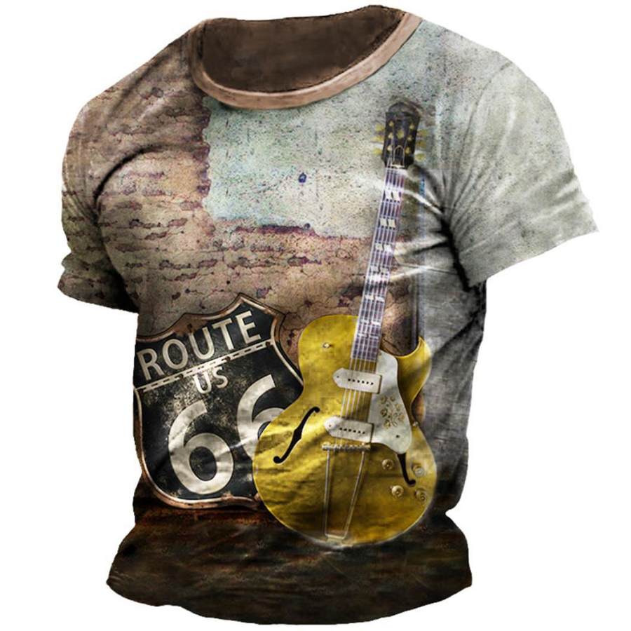 

Camiseta Vintage Masculina Manga Curta Com Estampa De Guitarra Route 66