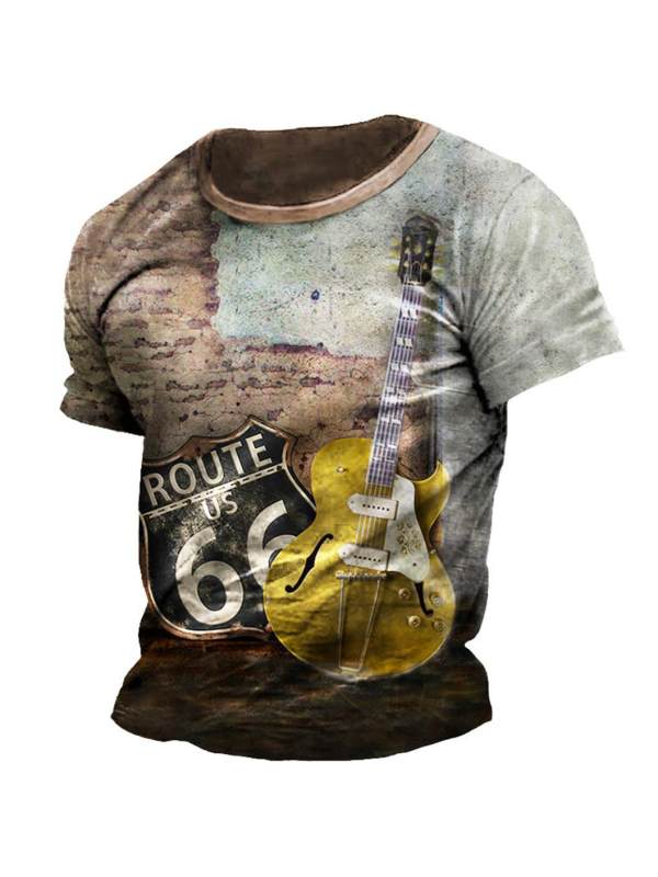 Men's Vintage Route 66 Guitar Print Short Sleeve T-Shirt