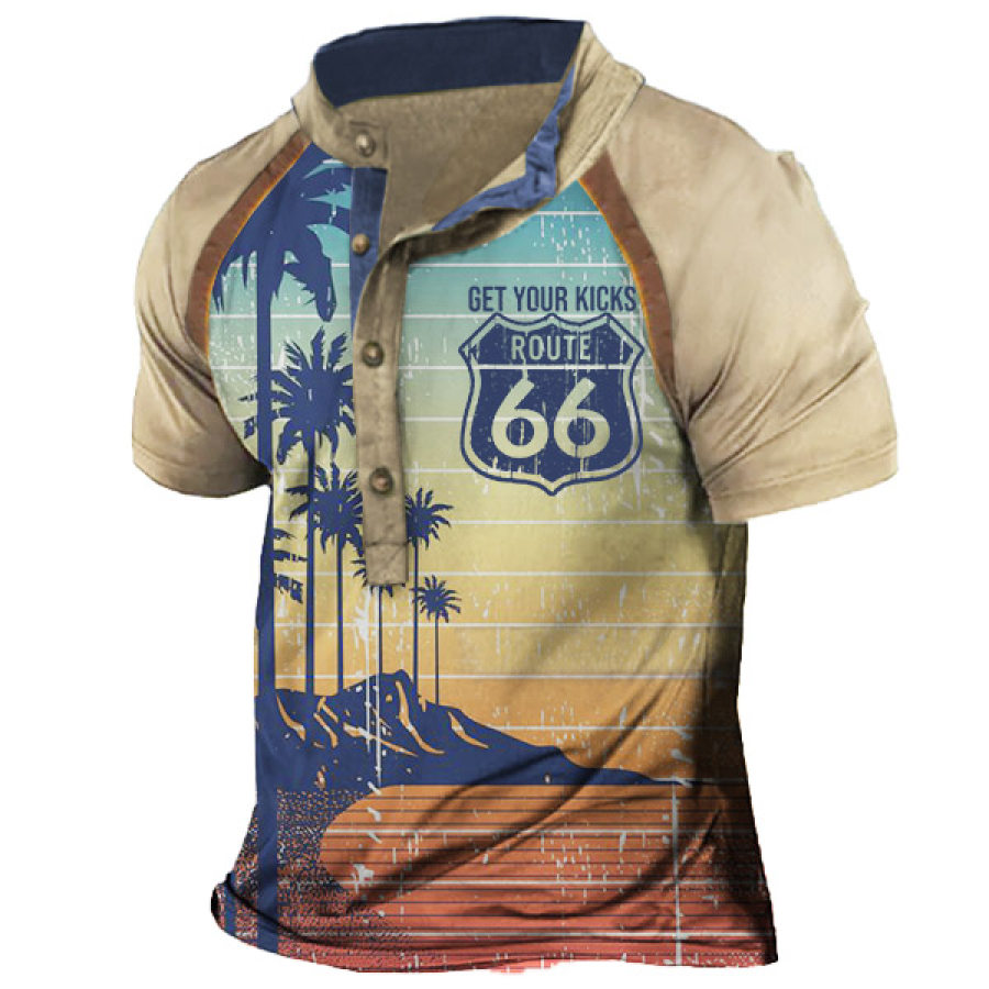 

Men's Vintage Hawaiian Coconut Tree Route 66 Print Henley T-Shirt