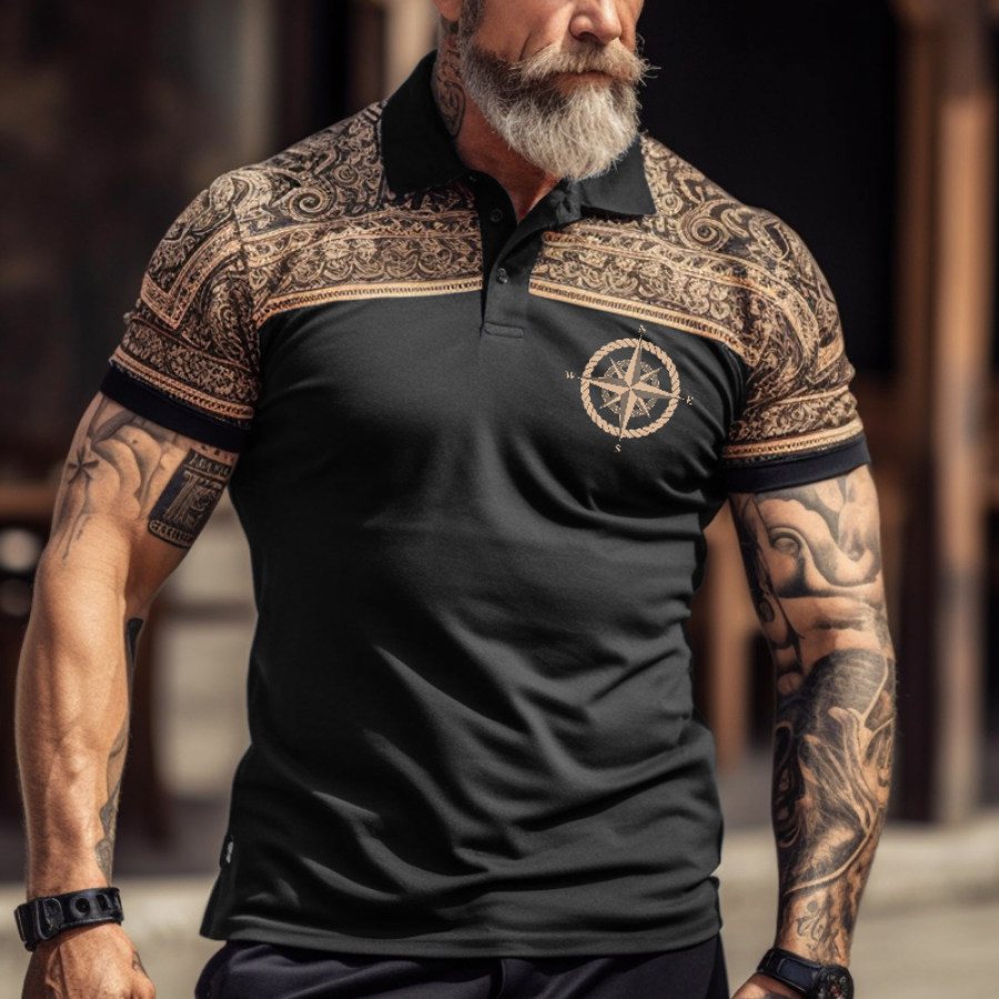 

Men's Comfortable Breathable Sweat-absorbing Stitching Compass Pattern Printed Henley Collar T-shirt