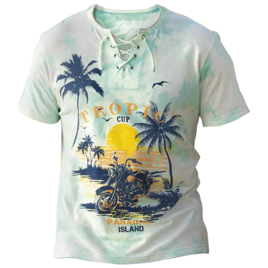 

Men's Hawaii Vacation Motorcycle Print Lace-Up Short Sleeve T-Shirt