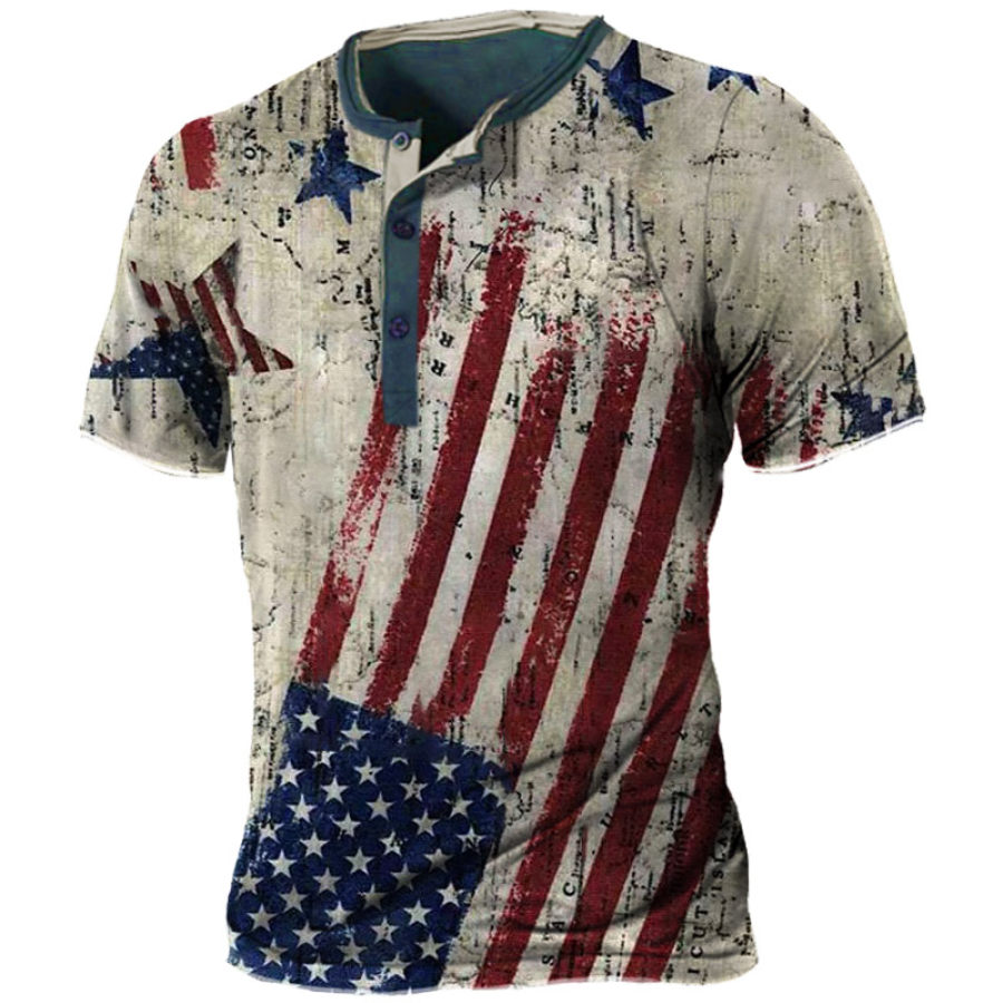

Men's Vintage American Flag Print Short Sleeve Henley T-Shirt