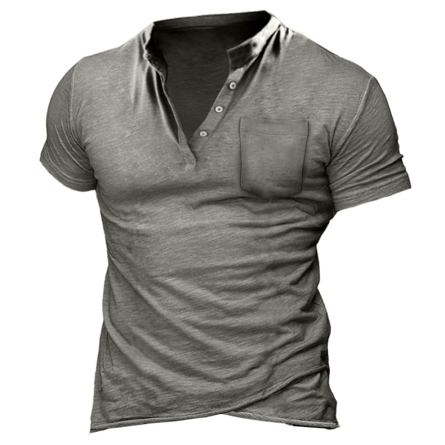 

Men's Retro Chest Pocket Rolled Comfort Vacation Henley Collar T-Shirt