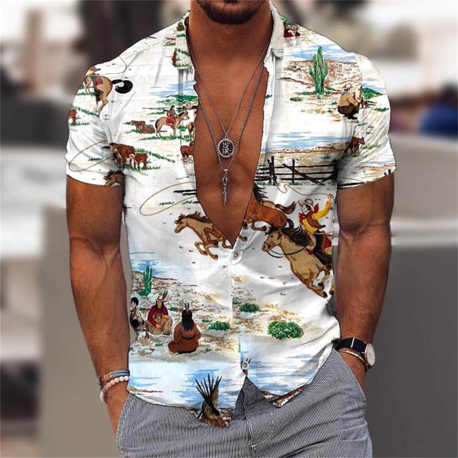 

Men's Vintage Western Cowboy Horse Print Hawaiian Beach Shirt