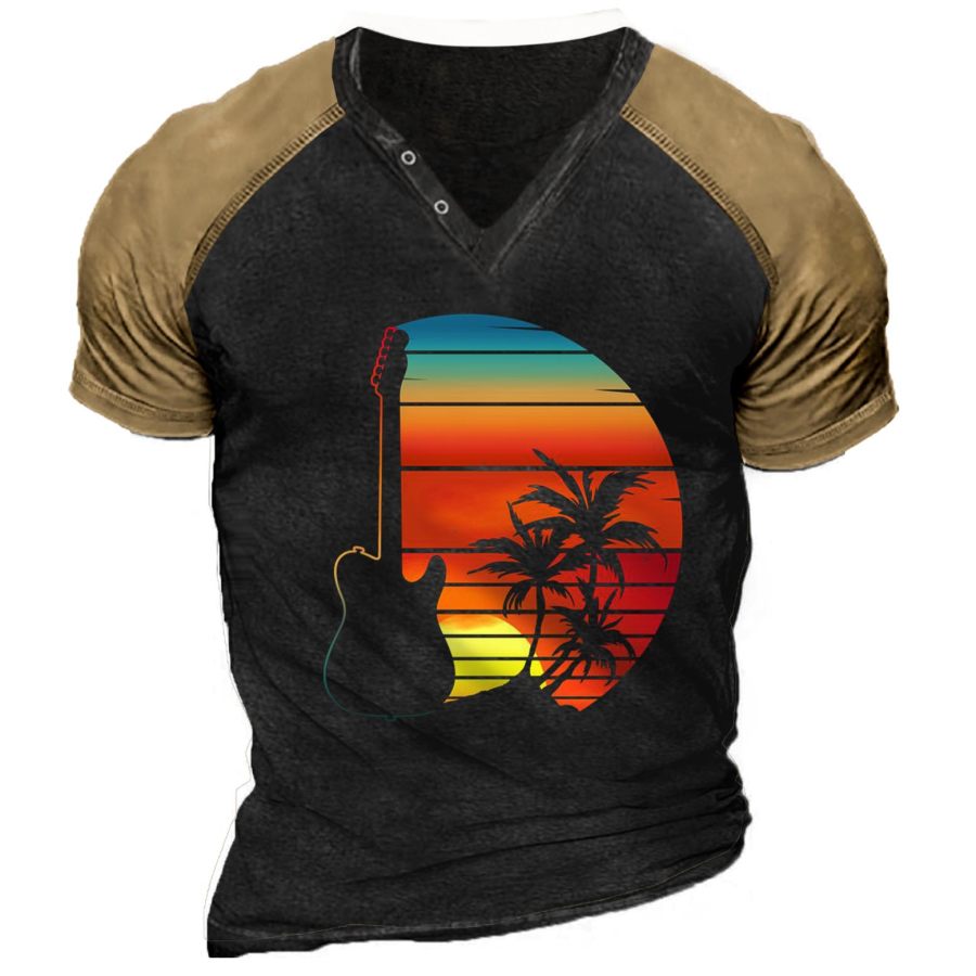 

Men's Vintage Guitar Coco Sunset Print V-Neck T-Shirt