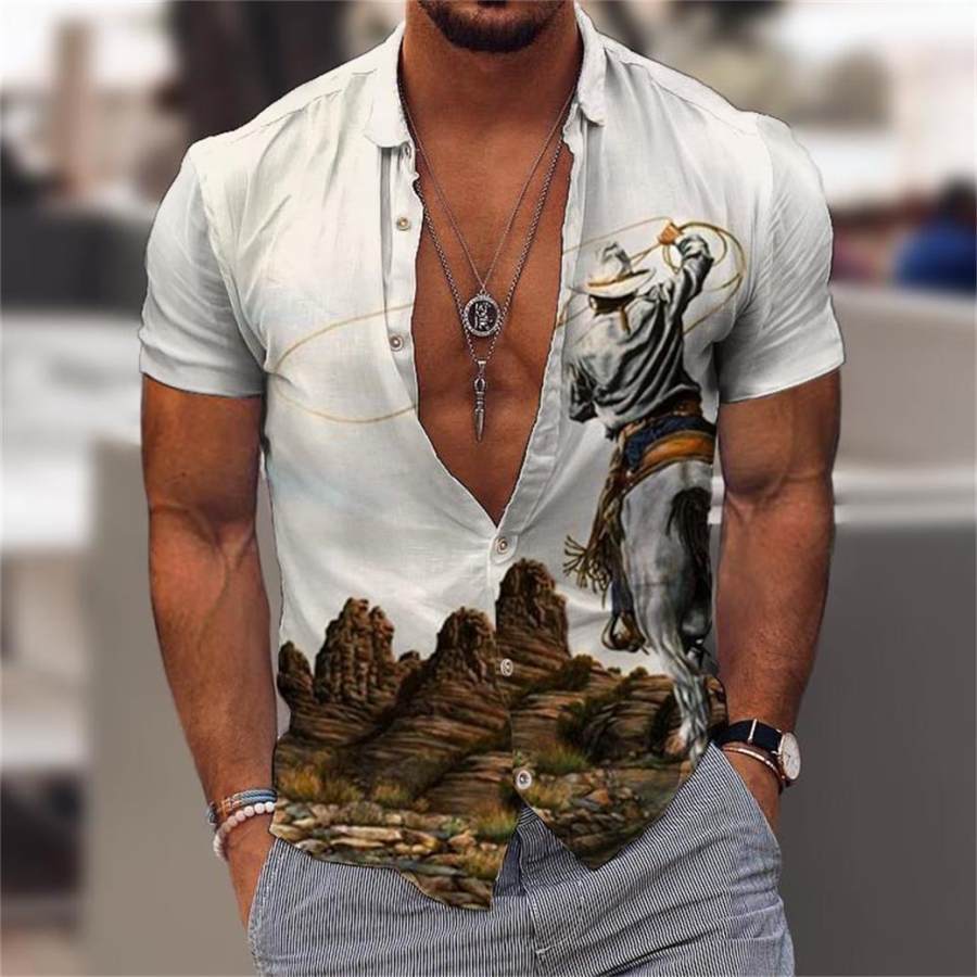 

Men's Vintage Western Cowboy Riding Print Hawaiian Beach Shirt