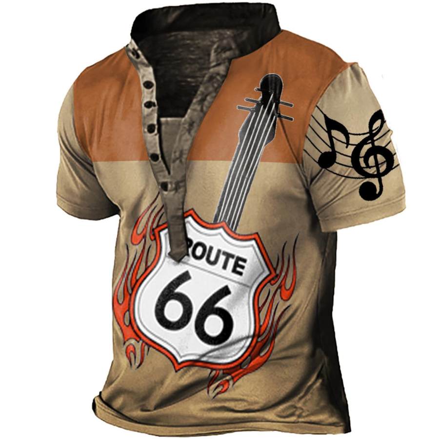 

Men's Vintage Route 66 Flame Guitar Notes Print Henley T-Shirt