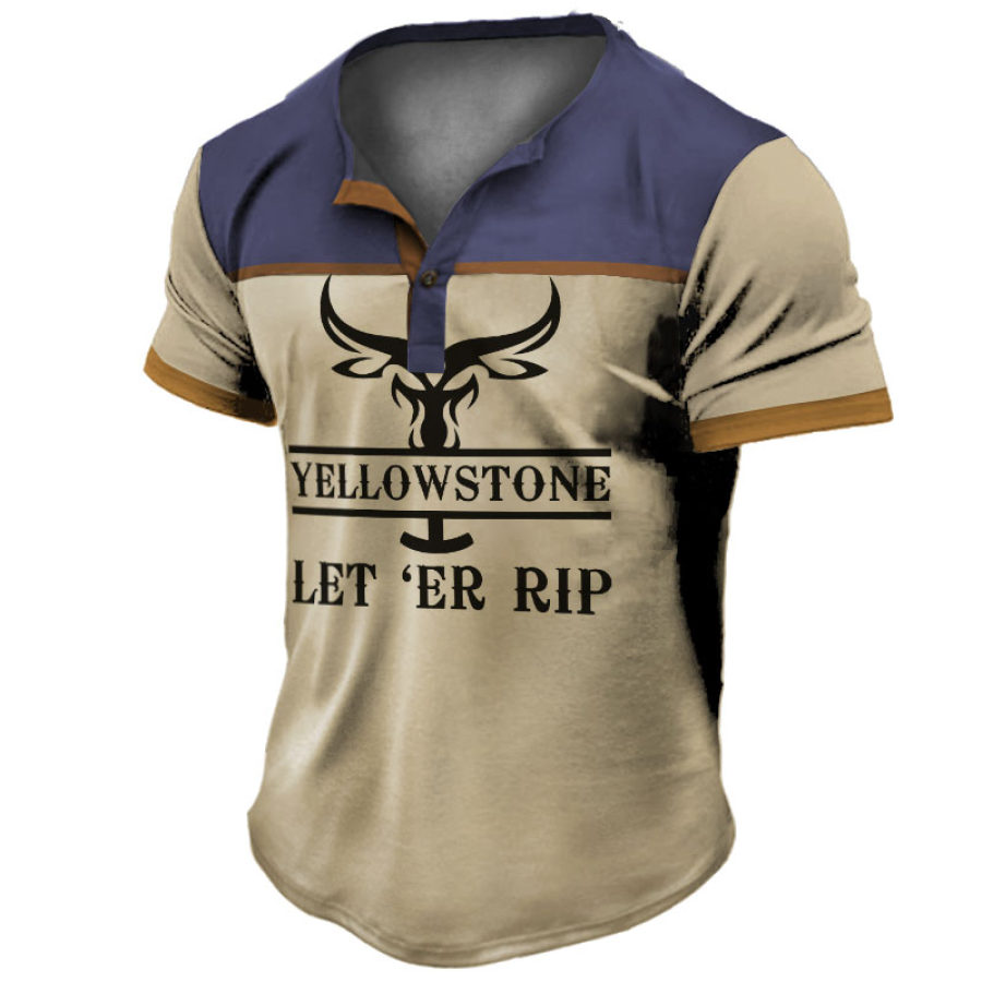 

Men's Vintage Western Yellowstone Print Henley T-Shirt