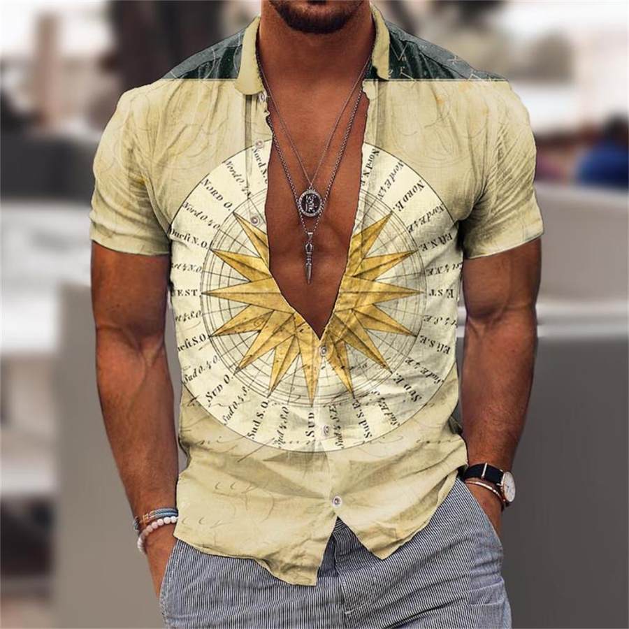 

Men's Vintage Compass Print Hawaiian Beach Shirt