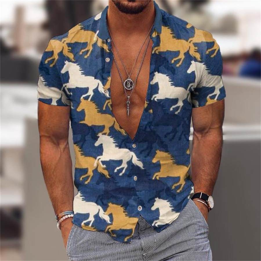 

Men's Vintage Western Horse Print Hawaiian Beach Shirt
