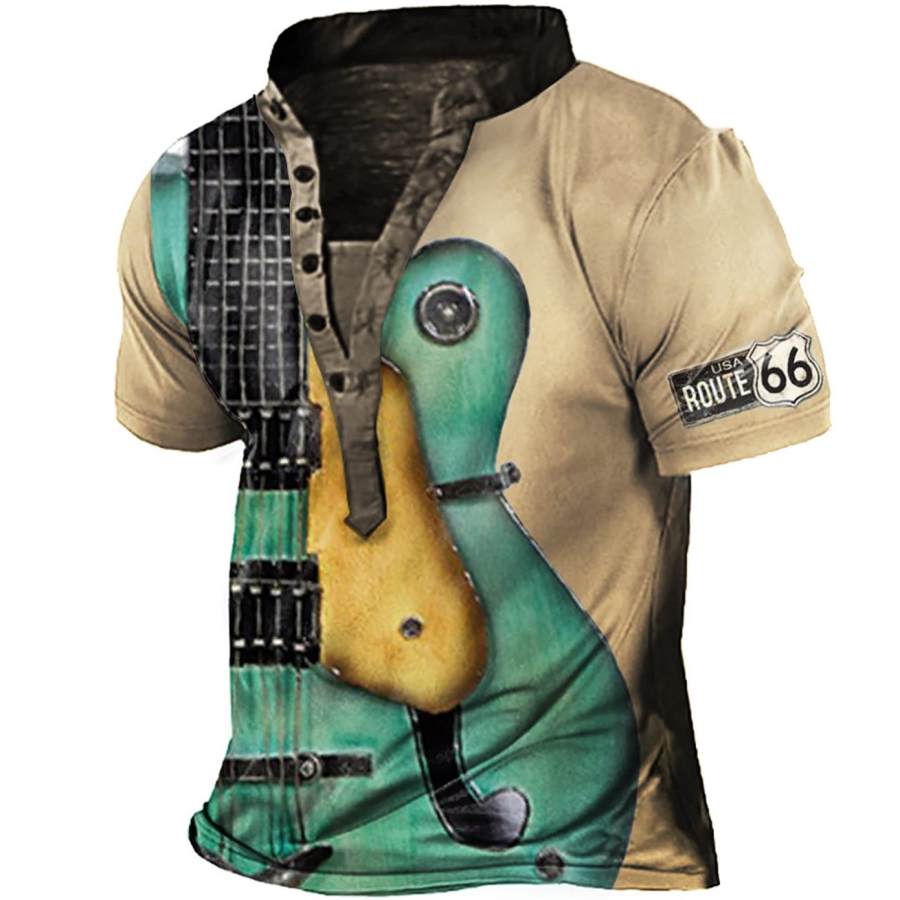 

Men's Vintage Guitar Route 66 Print Henley T-Shirt