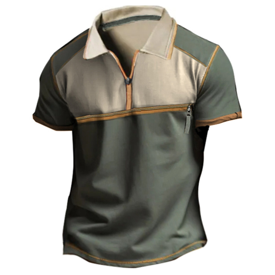 

Men's Outdoor Zipper Split Design Contrast Color Lapel Polo Shirt