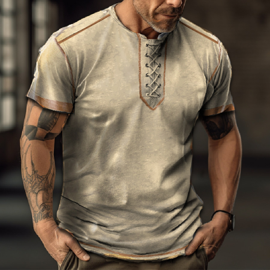 

Men's Outdoor Retro Tie Collar Contrast Line Short Sleeve T-Shirt