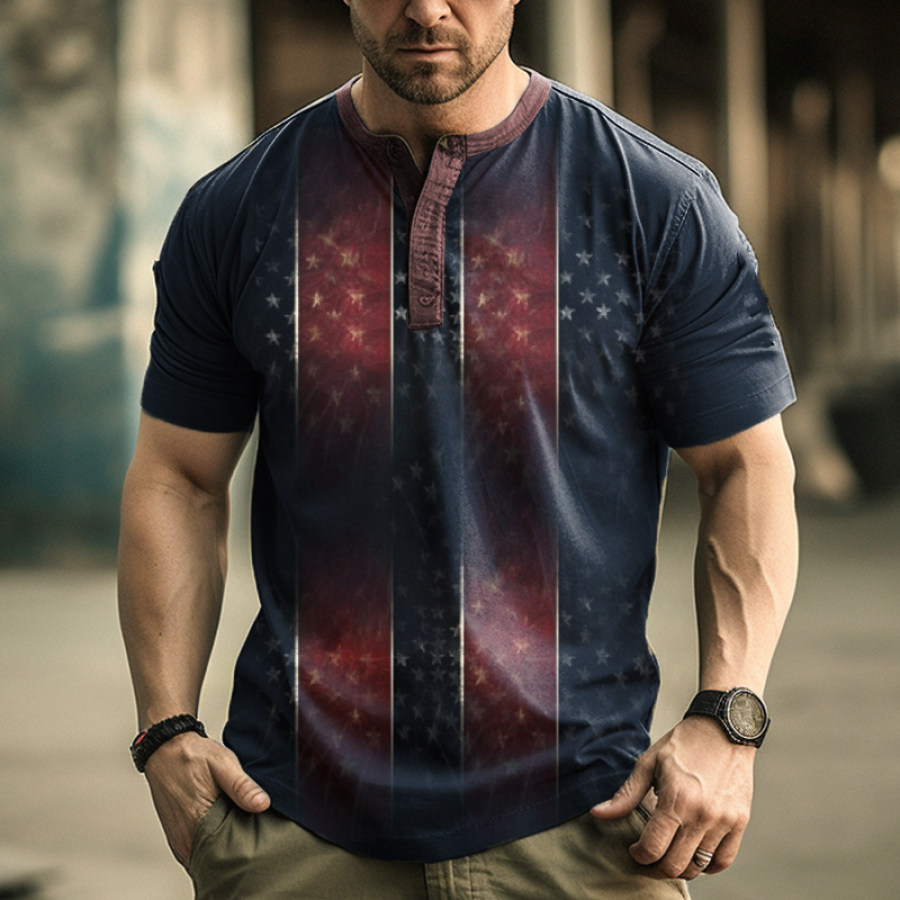

Men's Outdoor Retro Five-pointed Star Pattern Printed Contrast Color T-shirt