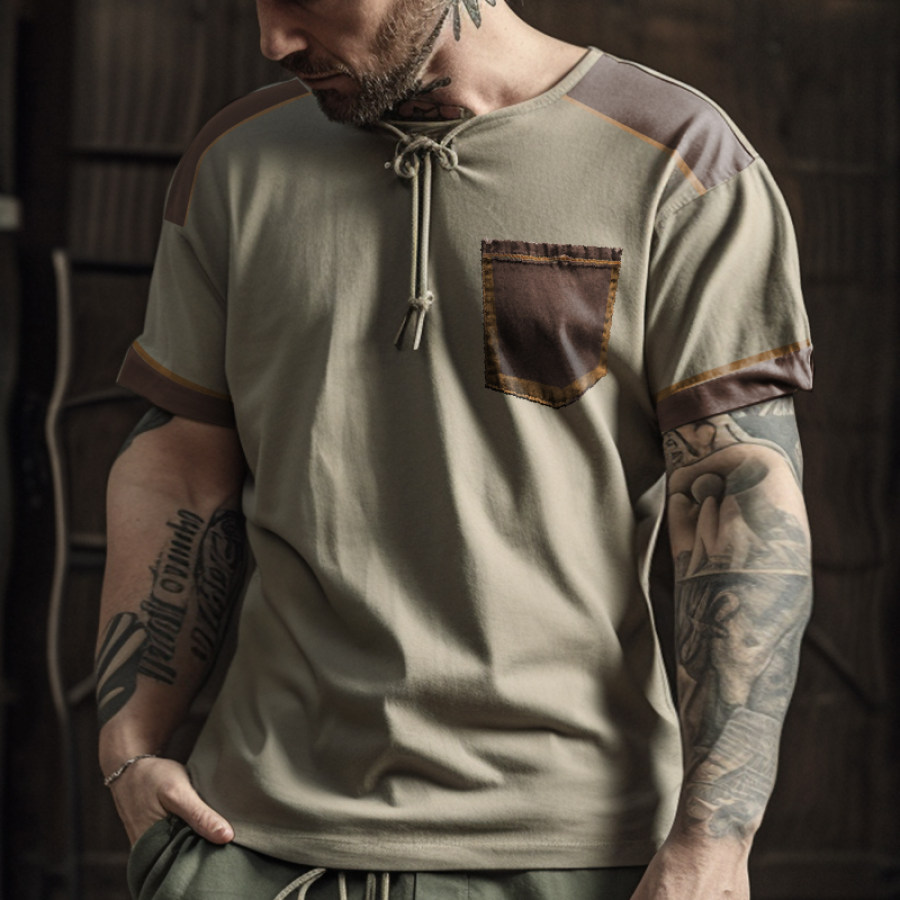 

Men's Outdoor Retro Tie Collar Contrast Pocket Short Sleeve T-Shirt