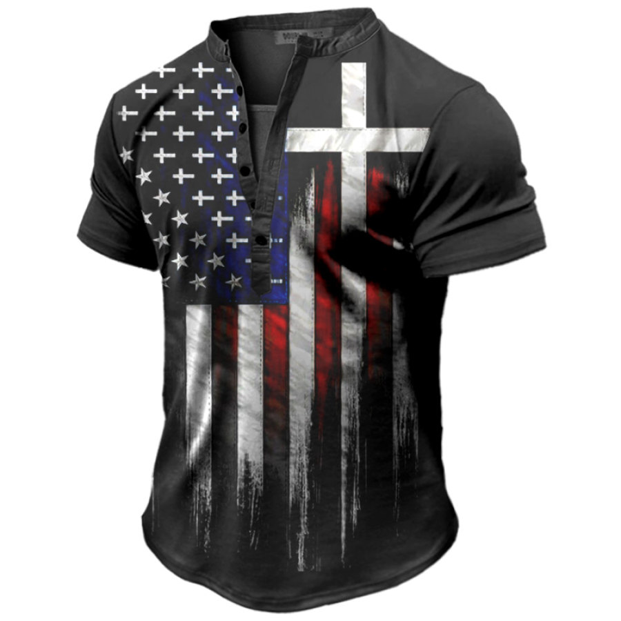 

Men's Casual American Flag Print Henley T-Shirt