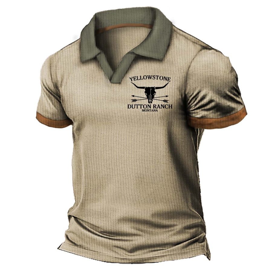 

Men's Vintage Waffle Yellowstone Colorblock Polo Short Sleeve T-Shirt