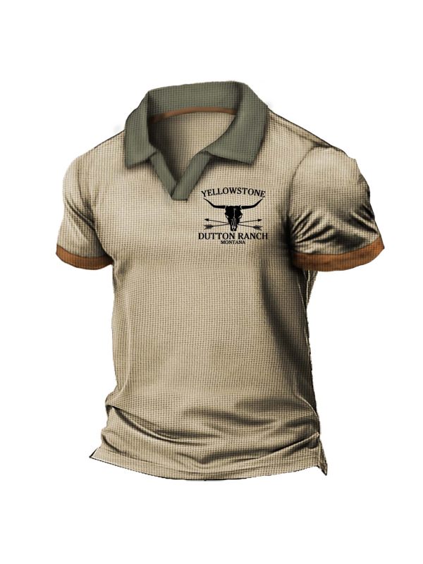 Men's Vintage Waffle Yellowstone Colorblock Polo Short Sleeve T-Shirt