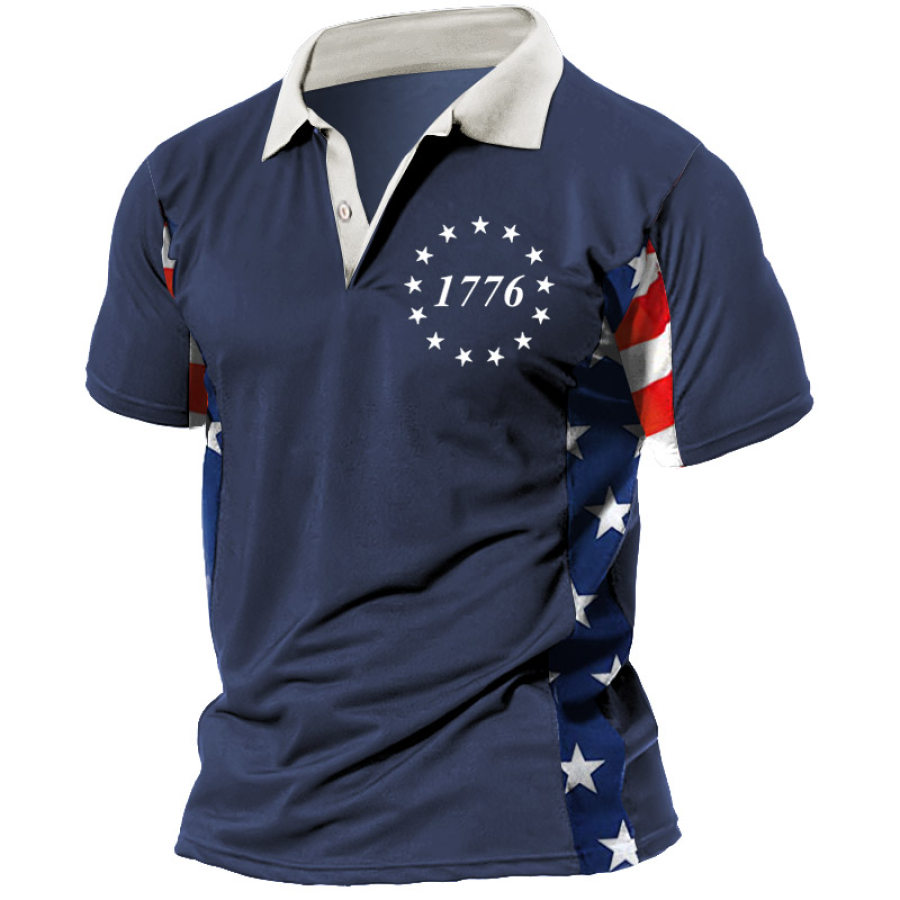 

Men's Vintage American Flag 1776 Print Polo Short Sleeve T-Shirt