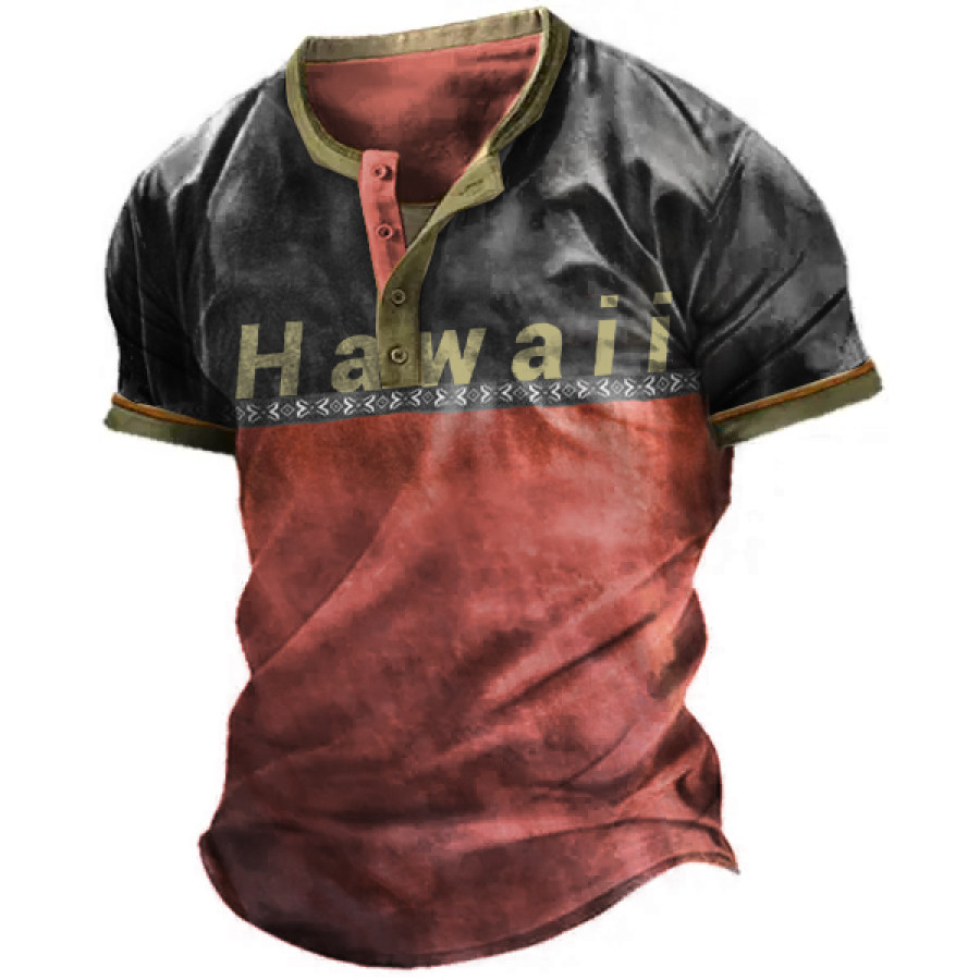 

Men's Outdoor Hawaiian Print Henley Short Sleeve T-Shirt