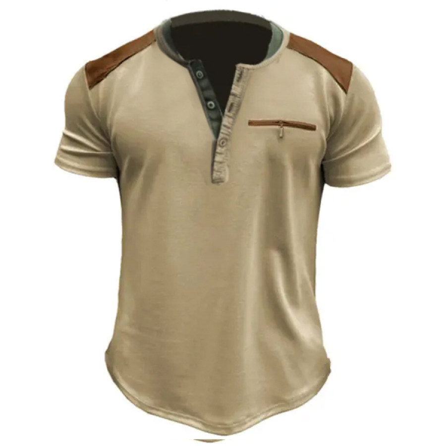 

Men's Retro Zipper Pocket Stand Collar Henley T-Shirt