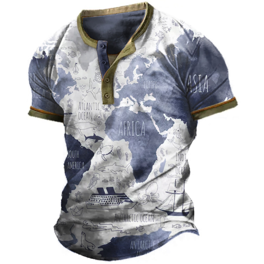 

Men's Nautical Sea Life Print Henley Short Sleeve T-Shirt
