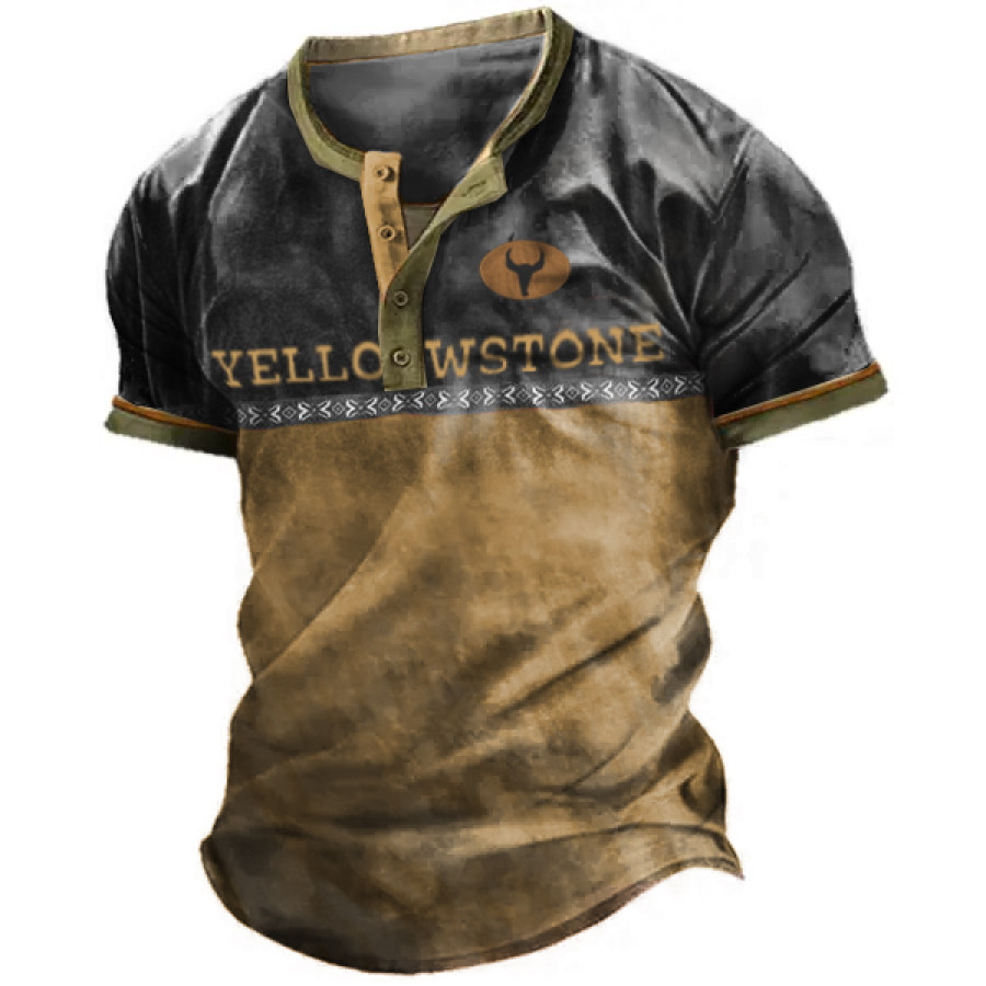 

Men's Vintage Wash Yellowstone Print Henley T-Shirt