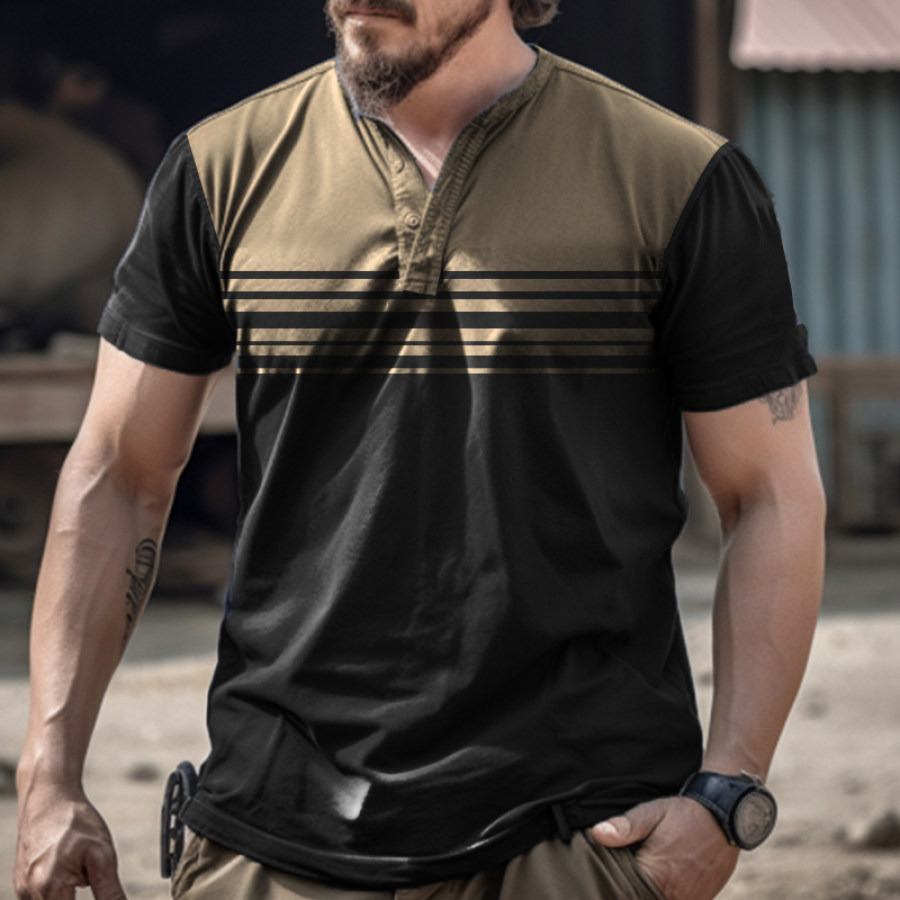 

Men's Retro Contrast Stripe Henley Collar Short Sleeve T-Shirt