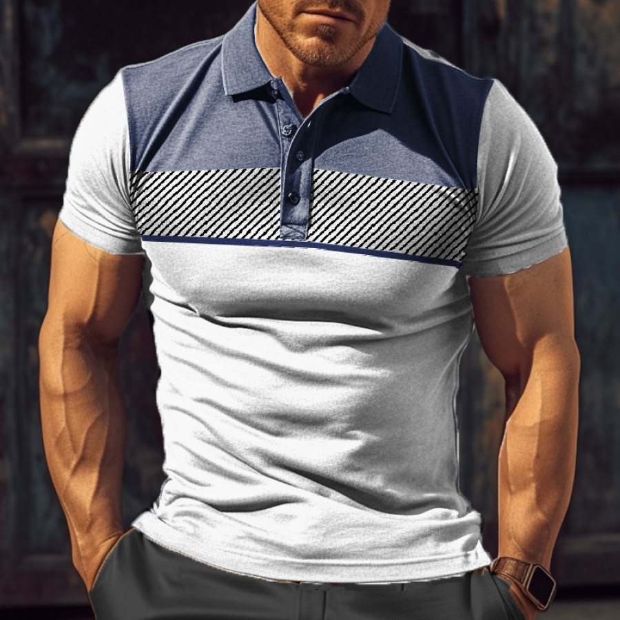 

Men's Comfortable Breathable Contrast Striped Polo Collar Short-sleeved T-shirt