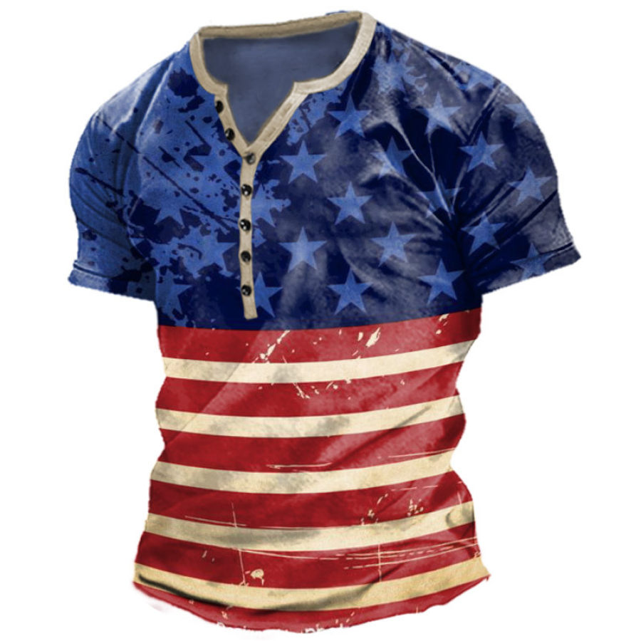 

Men's American Flag Print Short Sleeve Henley T-Shirt