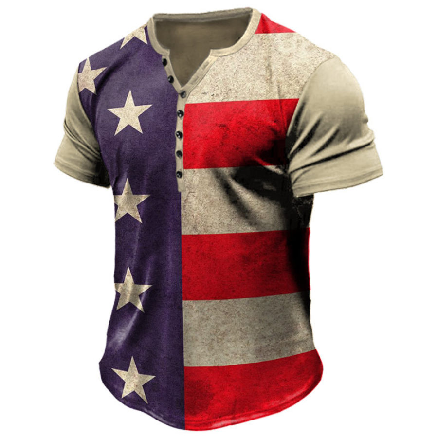 

Men's Vintage American Flag Print Henry T-Shirt