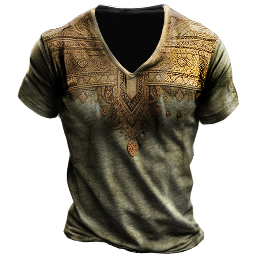 

Men's Vintage Ethnic Print Deep V Neck T-Shirt