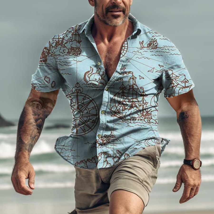 

Men's Compass Sailing Hawaiian Beach Short Sleeve Shirt