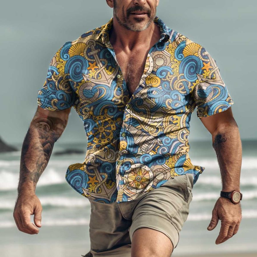 

Men's Vintage Compass Hawaiian Beach Short Sleeve Shirt