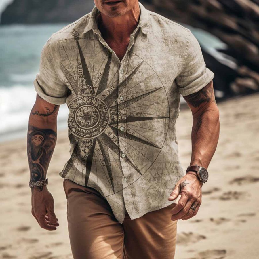 

Men's Vintage Nautical Compass Map Hawaiian Beach Short Sleeve Shirt