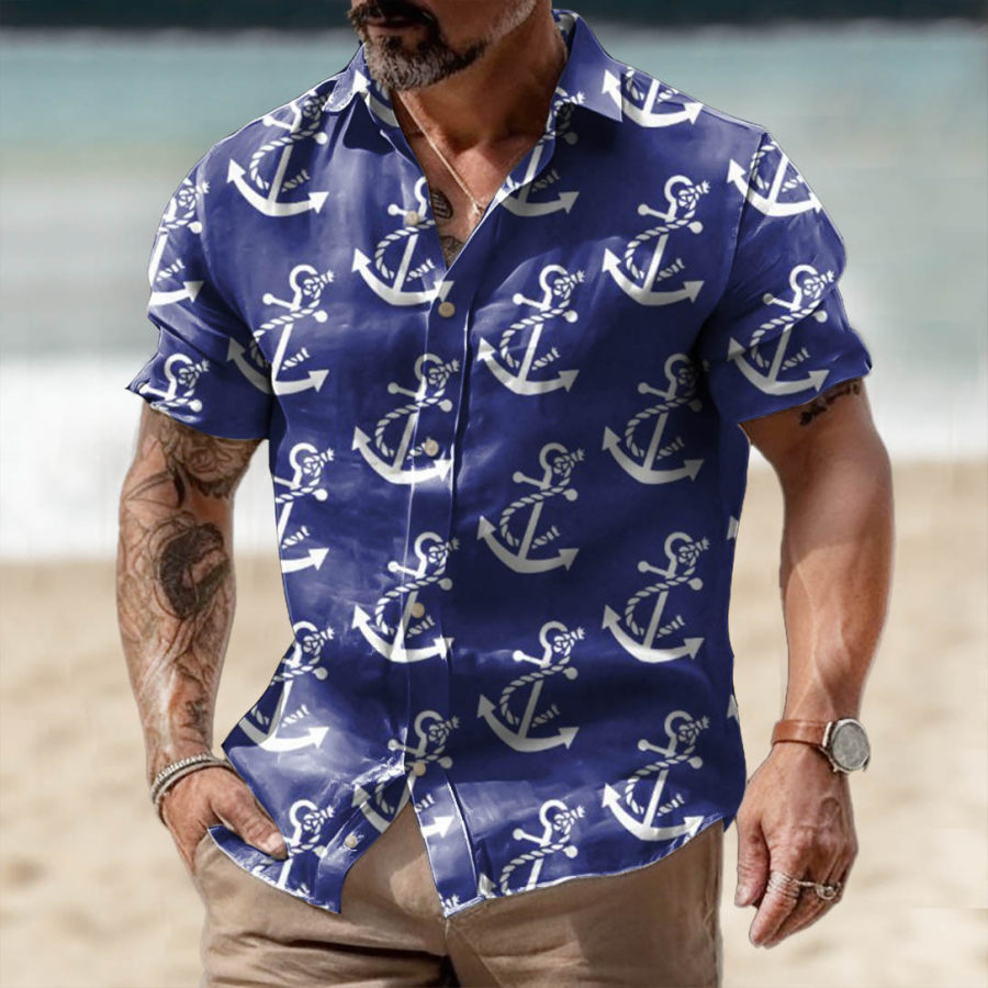 

Men's Vintage Nautical Anchor Hawaiian Beach Short Sleeve Shirt