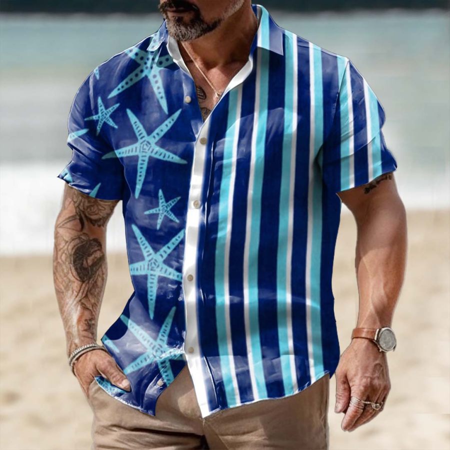 

Men's Starfish Stripe Hawaiian Beach Short Sleeve Shirt