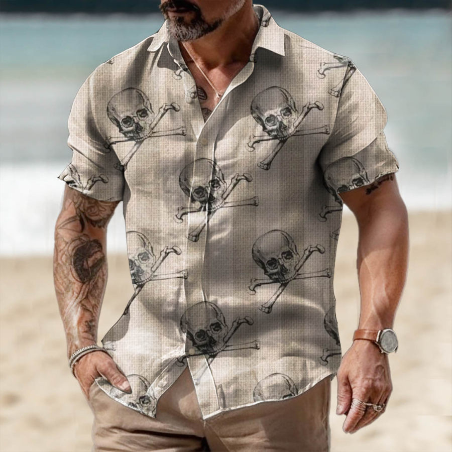 

Men's Vintage Skull Crossbones Hawaiian Beach Short Sleeve Shirt
