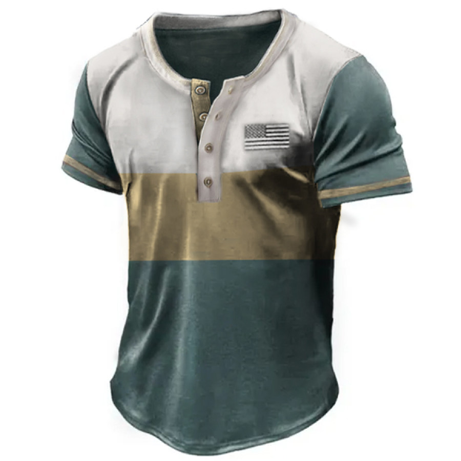 

Men's American Flag Logo Print Contrast Henley T-Shirt