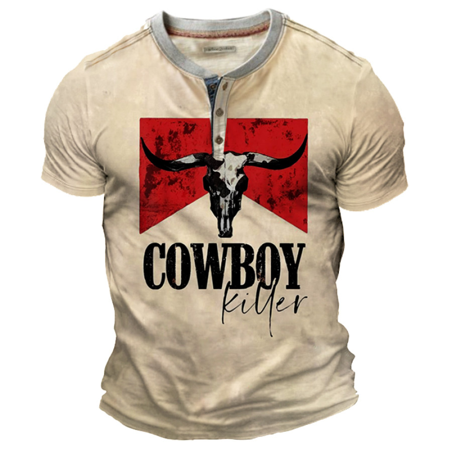 

Men's Vintage Cowboy Print Henley T-Shirt