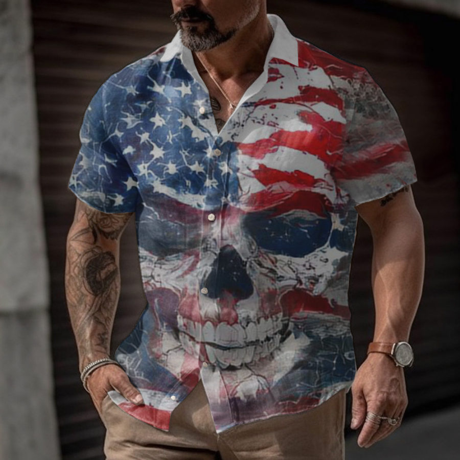 

Men's Vintage American Flag Skull Print Short Sleeve Shirt