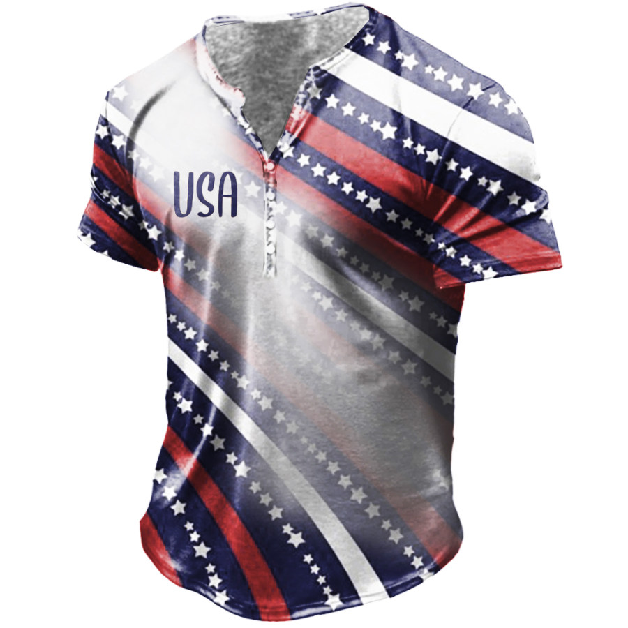 

Men's Vintage American Flag Print Henley Collar T-Shirt