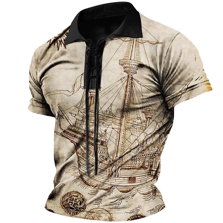 

Men's Vintage Sailboat Graphic Short Sleeve Lace-up Golf Shirt