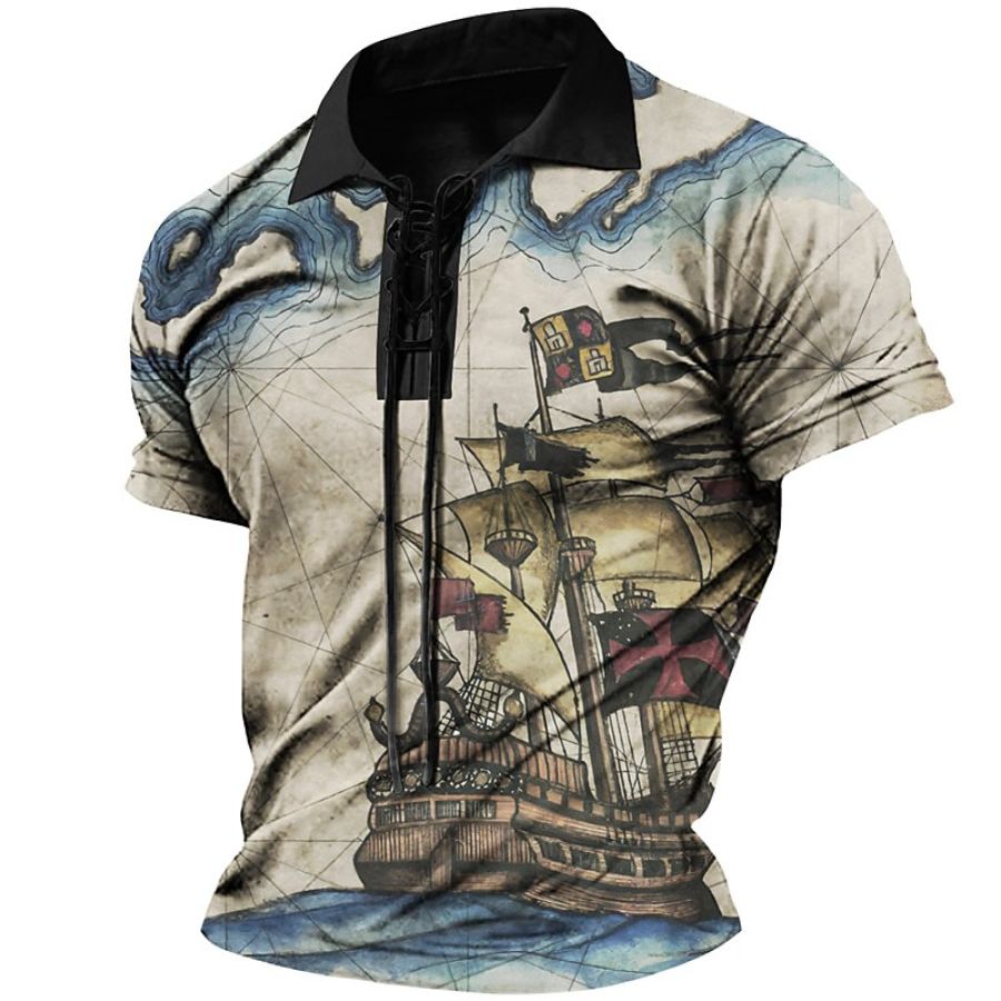 

Men's Retro Map Graphic Short Sleeve Lace-up Polo Shirt