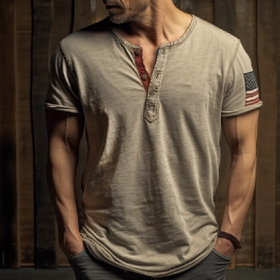 

Men's Outdoor Vintage Patchwork American Flag Graphic Print Henley Collar T-Shirt