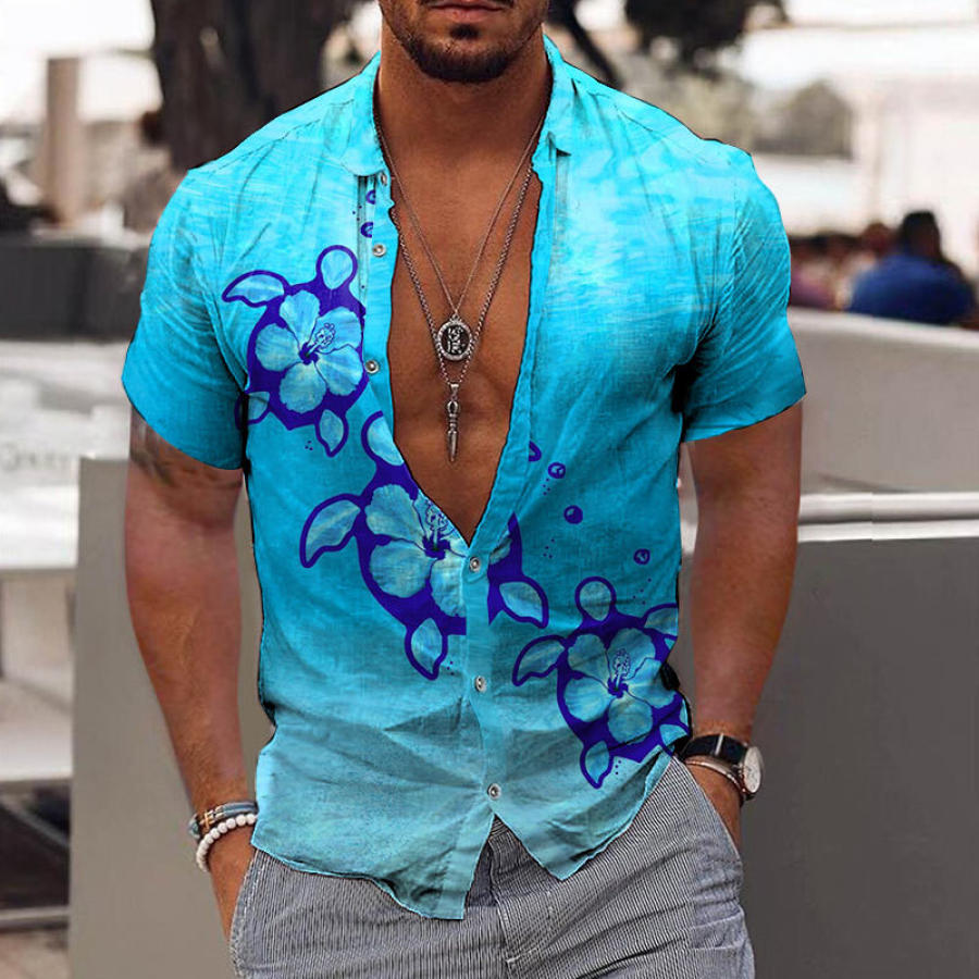 

Men's Hawaiian Hibiscus Turtle Print Short Sleeve Shirt