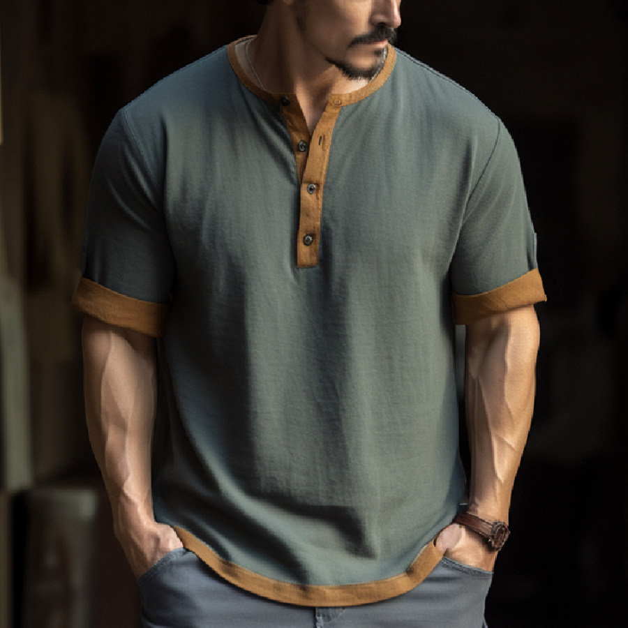 

Men's Retro Contrast Sleeve Henley Collar T-Shirt