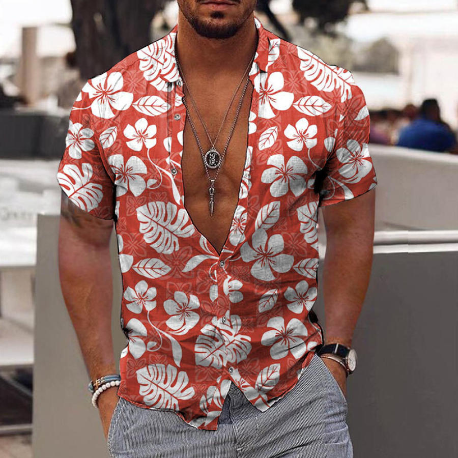 

Men's Holiday Hibiscus Print Hawaiian Short Sleeve Shirt