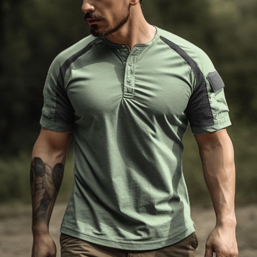 

Men's Outdoor Retro Mesh Stitching Tactical Training Henley Collar T-shirt